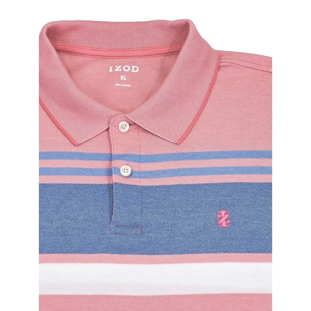 IZOD Men's Large Short Sleeve Polo Shirt Casual Blue White Striped Rapture Rose